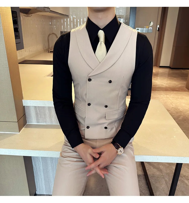 ( Vest + Pants) Men's Double-breasted Suit Vest 2 Pieces Set High Quality Business Casual Fashion Groom Wedding Dress Vest Sets