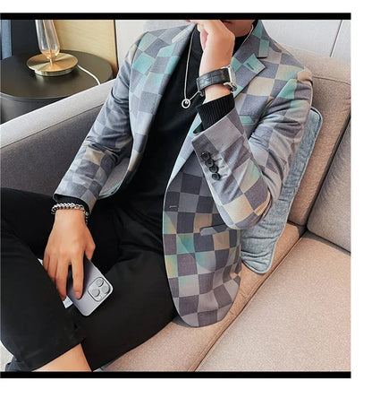 Brand Luxury Plaid Suit Jacket for Men 2023 Autumn Casual Blazer Masculino Fashion Slim Business Wedding Groom Social Dress Coat
