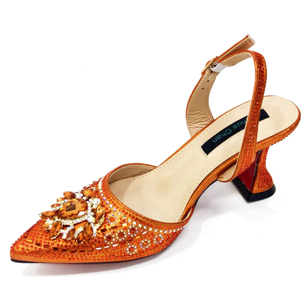 Venus Chan Italian Shoes and Bags Matching Set 2024 Nigerian Heel Party for Women Orange Colour Italian Design Wedding INS 2024