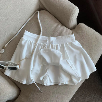 Summer Women Sports A Line Skirts for Women Summer High Waist Drawstring Solid Mini Skirts Female Sweet All Match Ballet Skirts