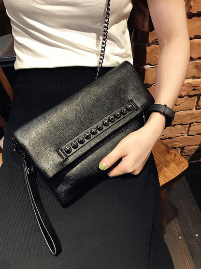 Folding design women Clutch Fashion rivets PU Leather Ladies Crossbody Bag chain Female Shoulder bag Clutches black wallet