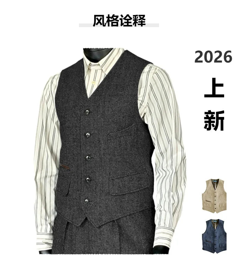 Men's Houndstooth Wool Vest British Style Business Waistcoat Casual Sleeveless Jacket Ready‑to‑Ship Business Outfit  for Men