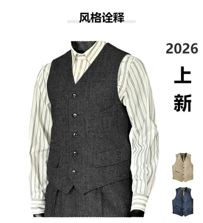 Men's Houndstooth Wool Vest British Style Business Waistcoat Casual Sleeveless Jacket Ready‑to‑Ship Business Outfit  for Men
