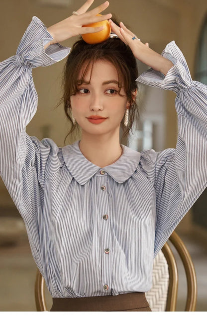 Women's Blue Stripe Shirt 2024 Spring Fashion French Retro Bubble Sleeves Doll Neck Loose Tops Office Lady MXD12C0163
