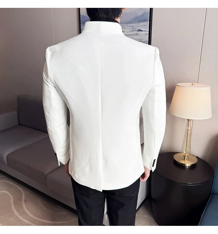 New Waffle Chinese Stand-Up Collar Blazers Men Slim Fit Business Casual Fashion Suits Jacket Formal Social Prom Party Tuxedos