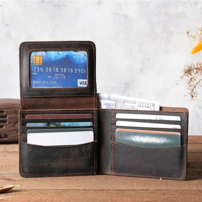 Men Handmade Crazy Horse Leather Wallet Men's Casual Simple Horizontal First Layer Cowhide Short Genuine Leather Clutch