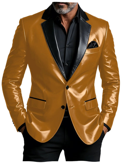 Men's Shiny Patent Leather Blazer Contrast Notch Lapel Two Button Suit Jacket Luxury Casual Business Formal Coat Party Wedding