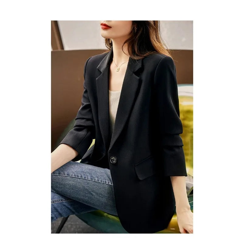 Korean Style Blazer for Women Spring and Autumn Temperament Back Slit Versatile Casual Cardigan Solid Color Top