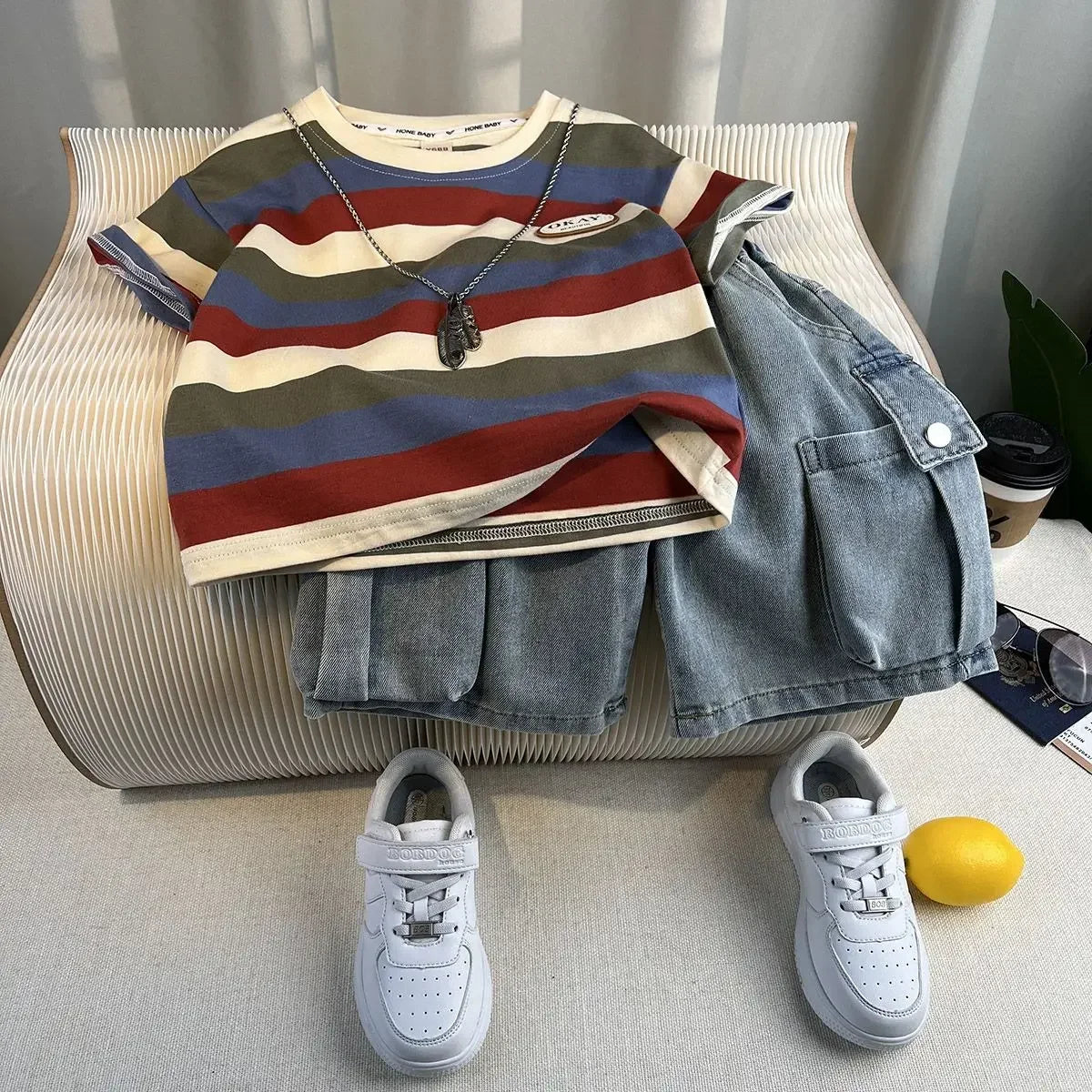 Korean Children's Summer Clothes Kids Set Outfits Boys 2026 Handsome Sleeveless&Short Sleeved T-shirt Denim Shorts 2-piece Set