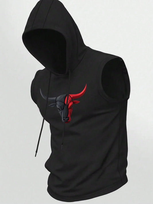 Men's Spring Summer Sleeveless Hoodie Tank, Black Red Bull Print Quick Dry Breathable Workout Vest, Gym Streetwear