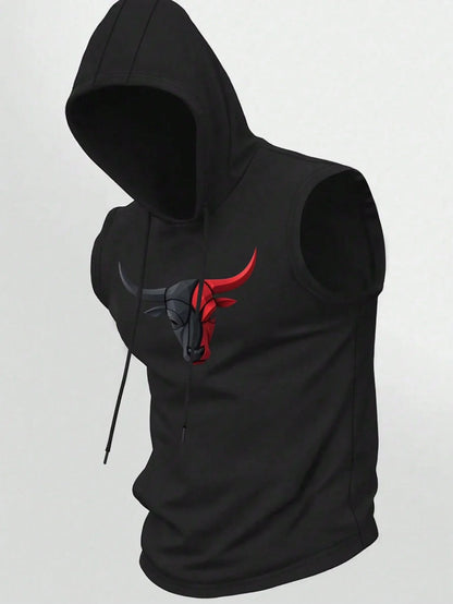 Men's Spring Summer Sleeveless Hoodie Tank, Black Red Bull Print Quick Dry Breathable Workout Vest, Gym Streetwear
