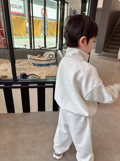 Boy White Grey Stand Collar Letter Sets Loose Casual Cotton Sports Suit Spring Autumn Children's Fashion Tops+Pants 2pcs 1-5 Yrs
