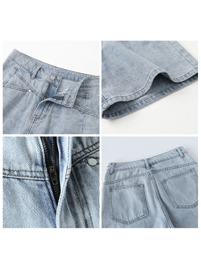 Fashion Women Shorts Mid-length Blue New Dividing Line Design Retro Washed Cotton Straight Leg Short Jeans Summer 2026