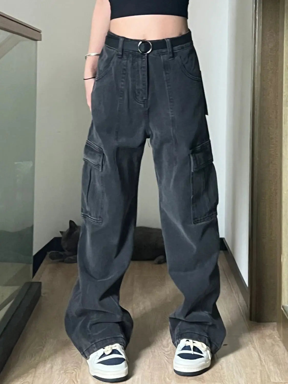 American Vintage Cargo Pants Women Retro Vibe Style Loose Fit Multi Pocket Denim Trousers Casual Straight Leg Workwear Fashion