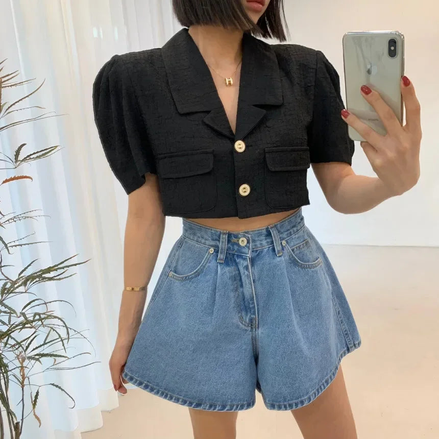 2024 New High Waist Washed Women's Denim Wide Leg Shorts Summer Buttons Casual Female Blue Jeans Trouses Pockets