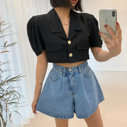 2024 New High Waist Washed Women's Denim Wide Leg Shorts Summer Buttons Casual Female Blue Jeans Trouses Pockets