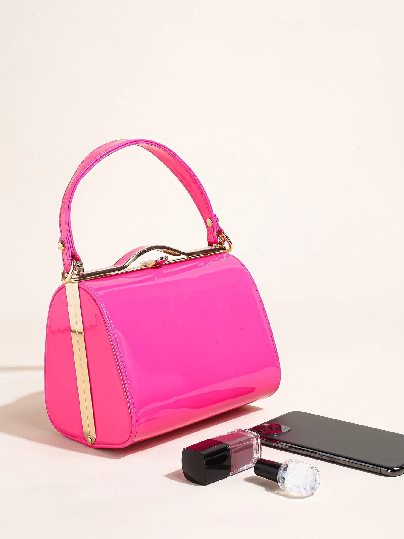 Highlight Cute Simple Patent Leather Pearlescent Leather Handheld Hard Shell Clip Dinner Bag