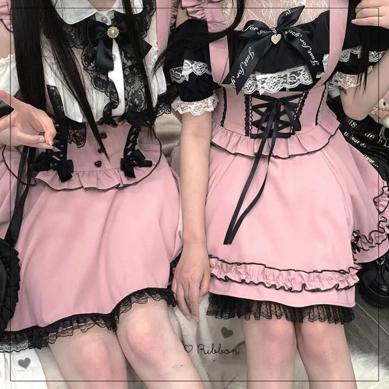 Summer Lolita Ribbon Tatt Lace Overall Skirt Women Subculture Japanese Jirai Kei Mine Style Y2k 2000s Casual Girly Belt Pinafore