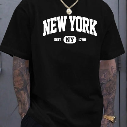 100% pure cotton men's casual loose and fashionable New York letter printed sports breathable short sleeved round neck T-shirt