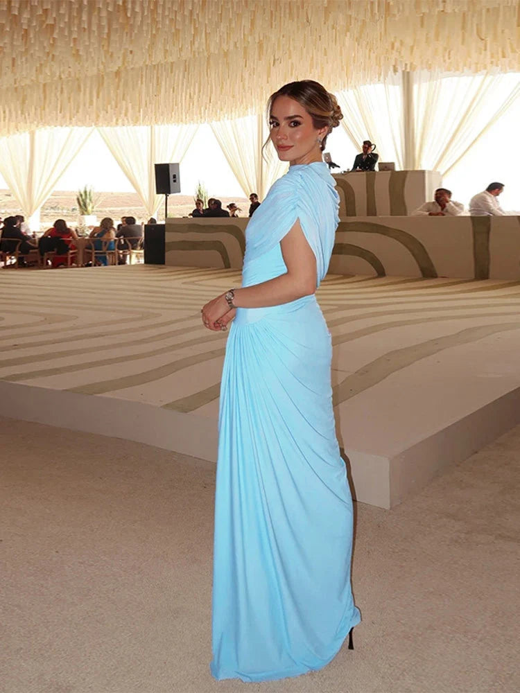 Women Elegant Bodycon Maxi Dress Ruffled Long Mesh Dress Sexy Blue Vacation Wedding Guest Party Dresses