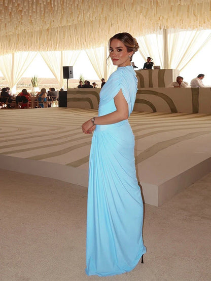 Women Elegant Bodycon Maxi Dress Ruffled Long Mesh Dress Sexy Blue Vacation Wedding Guest Party Dresses
