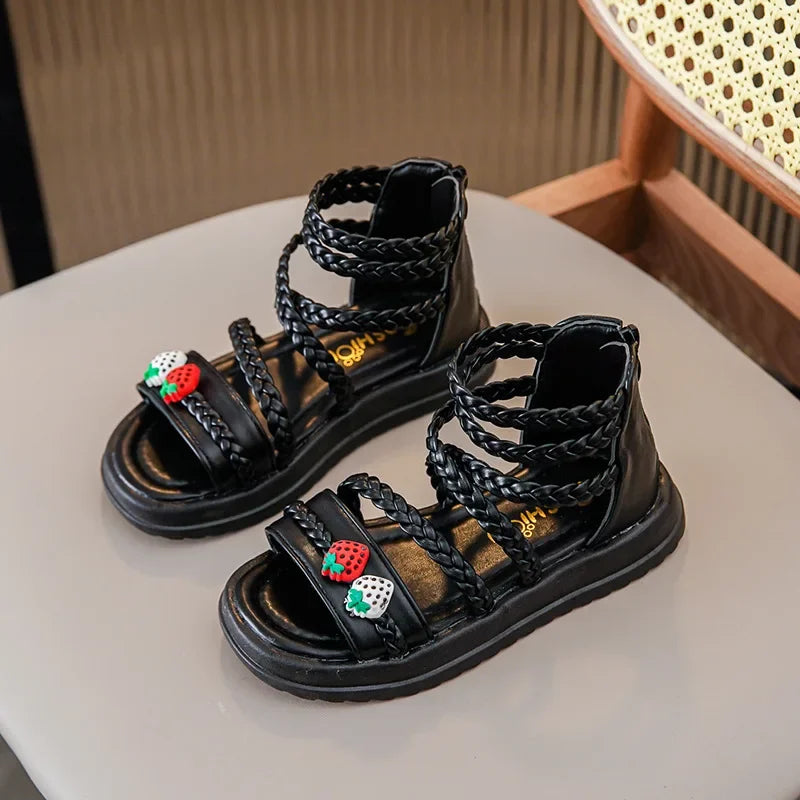 Kids Girls GLADIATOR Sandals Open Toe Knitted Strawberry Summer Non Slip Flat Fashion Children Casual Shoes Roman Shoes Simple