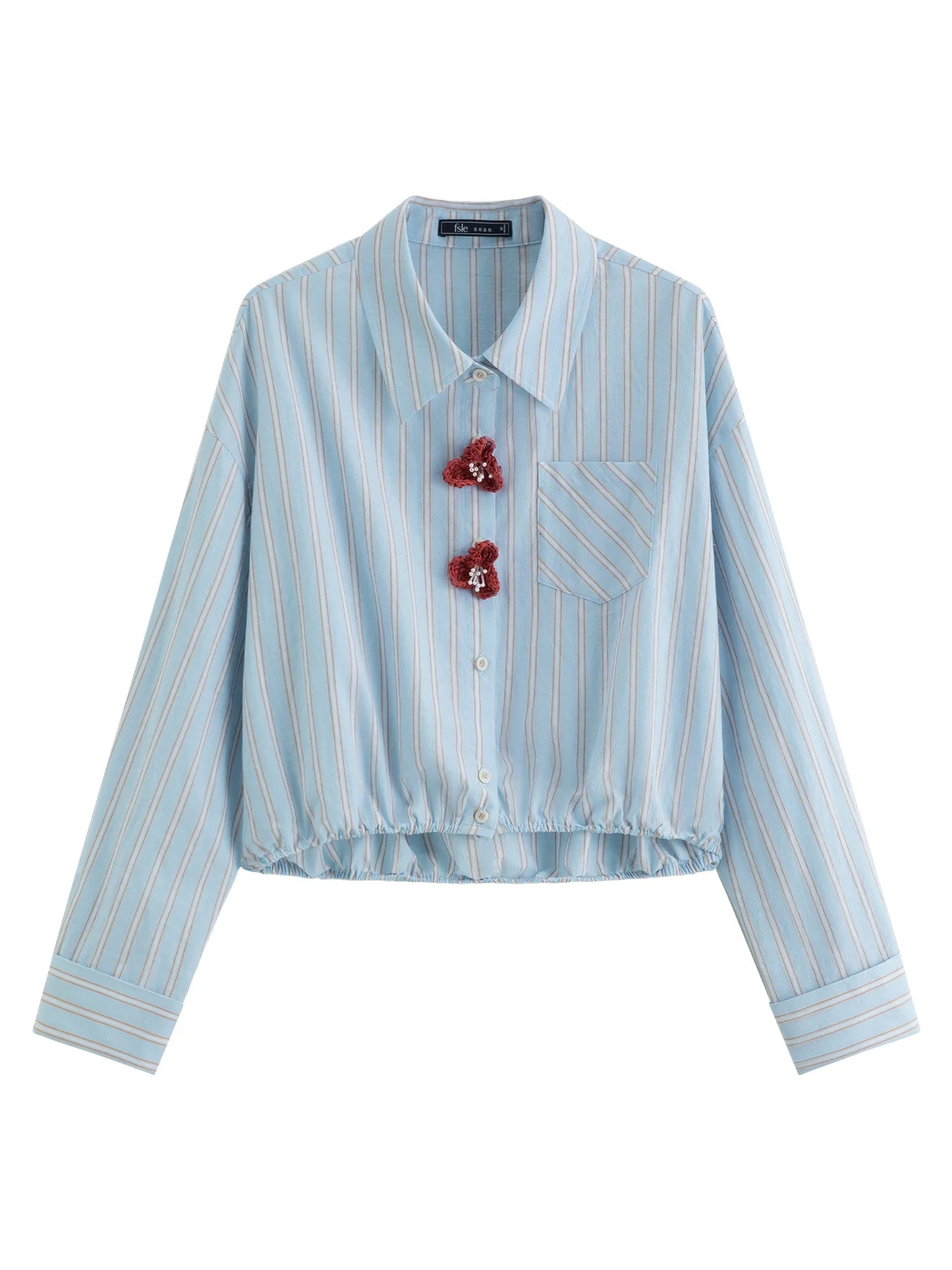 2026 Spring New Arrival Design Driven Stripe Short Sleeve Women's Long Sleeve Top 100% Cotton 3D Flower Buttons Blouses