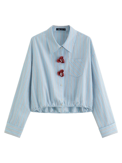 2026 Spring New Arrival Design Driven Stripe Short Sleeve Women's Long Sleeve Top 100% Cotton 3D Flower Buttons Blouses