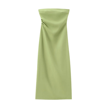 Women Fashion Summer New Sexy Split Back Zip Pleated Sleeveless Strapless Dress Chic Female French Elegant Evening