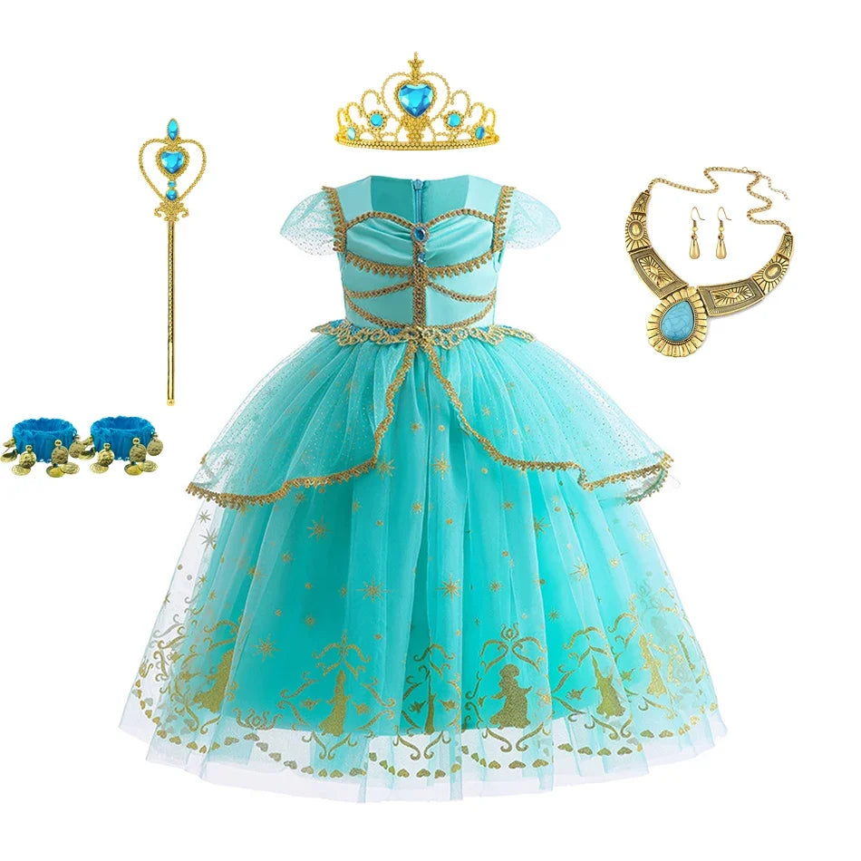 Girl Halloween Princess Dress Aladdin Magic Lamp Jasmine Dress Girl Fancy Mesh Ball Gown Childrens Day Gifts Carnival Costume