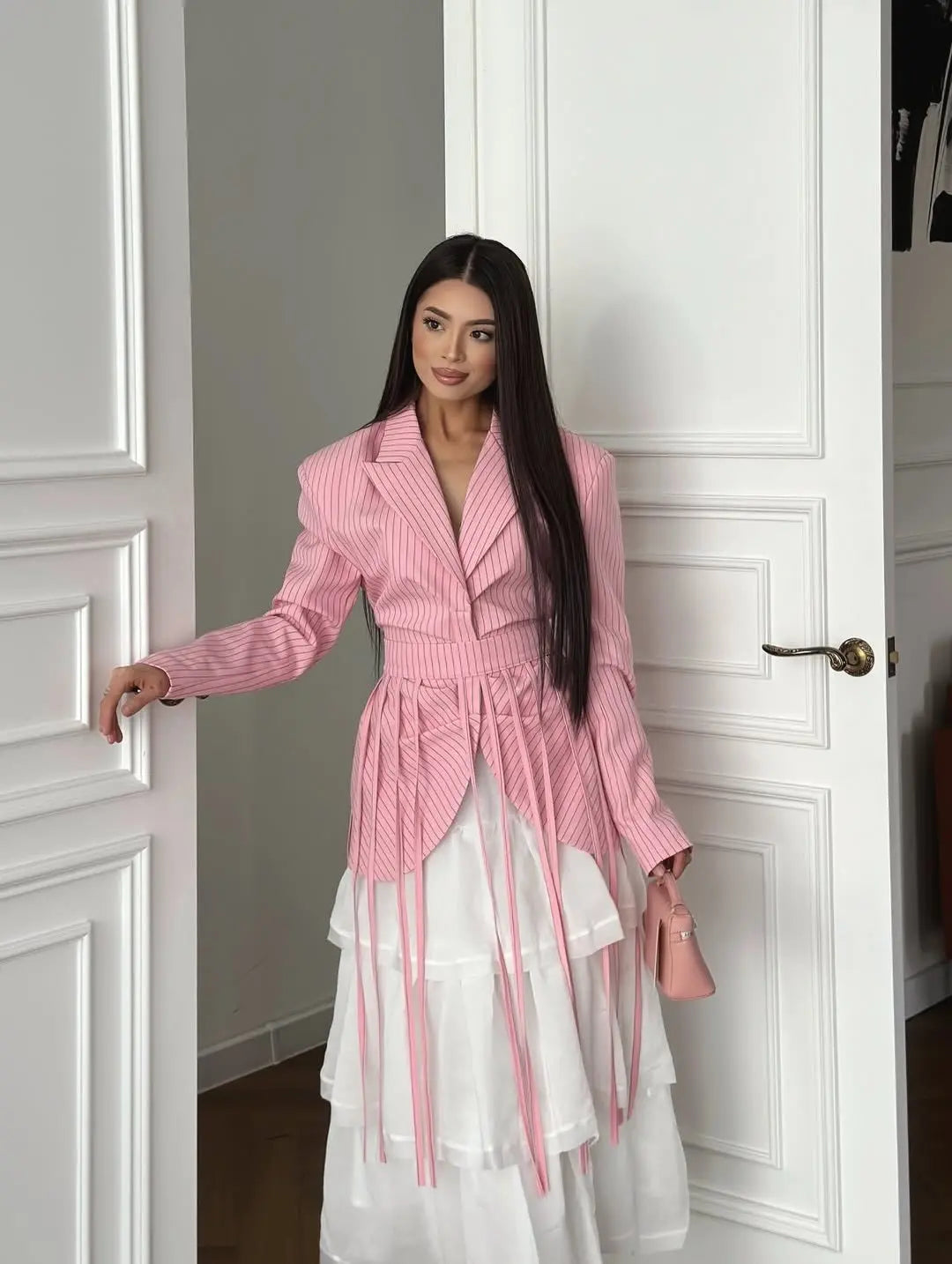 Women's Spring Summer Lapel Stripe Print Fringe Detail Blazer Elegant Formal Party 2026 Trendy Feminine Fashion Blazer