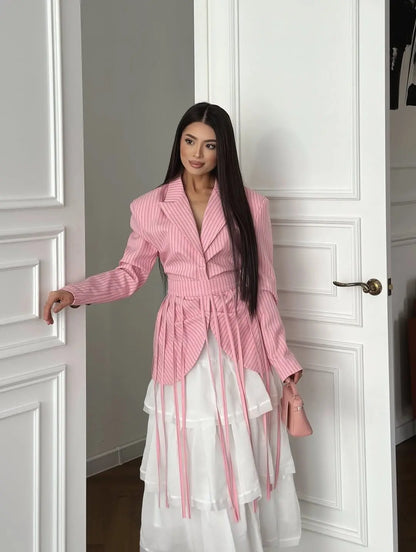 Women's Spring Summer Lapel Stripe Print Fringe Detail Blazer Elegant Formal Party 2026 Trendy Feminine Fashion Blazer