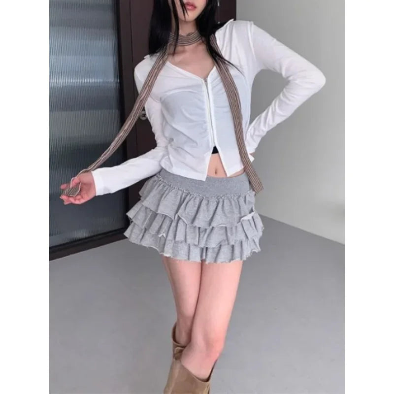 Y2k Lolita Mini Cake Skirt Soft Girl low Waist Ruffle Fluffy Fairy Skirts Summer Kawaii Cute Elegant Short Skirt Black