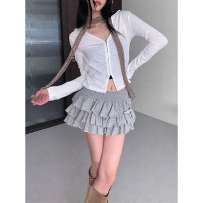 Y2k Lolita Mini Cake Skirt Soft Girl low Waist Ruffle Fluffy Fairy Skirts Summer Kawaii Cute Elegant Short Skirt Black