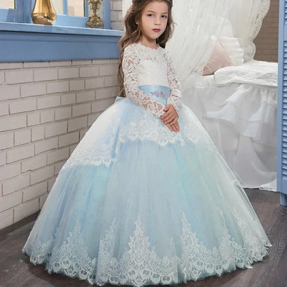 Sweet Lace Flower Girls Dresses Long Sleeves O Neck Formal Dress For Little Girls Wedding Guest Gown Birthday Party Dresses