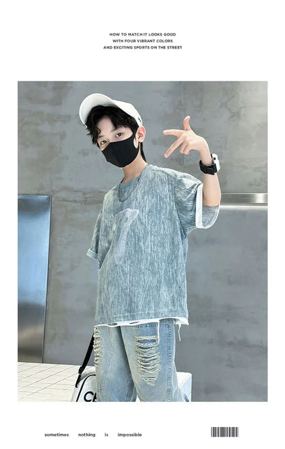 Cool Cowboy Outfit Costume Suit for Kids Child Summer Clothes Set Denim T-shirt and Ripped Shorts Clothes Set for Teens Boy 5-14