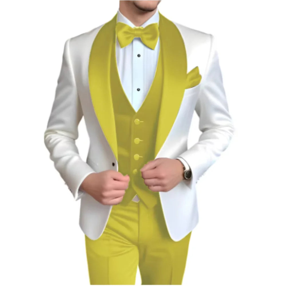 Customized Men's 3 Piece Tuxedo With Scarf Lapel Smoking Suit Wedding Groomsmen Formal Party Blazer Terno Masculino