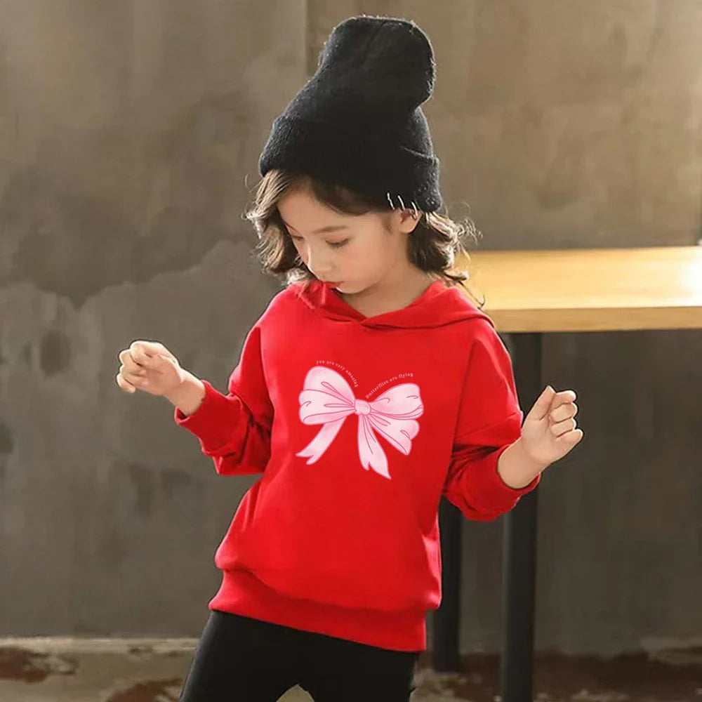 Fashion Kids Clothes Bow Print Children Hoodie 3-12 Years Boys Girls Red Pink Casual Tops+Pants Sets Long Sleeves Autumn