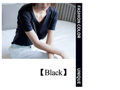6% Real Silk Cotton Modal Women's T-shirt 2026 Summer Tees Short Sleeve Solid Tee Shirts V-neck Casual Woman Basic T shirt Tops