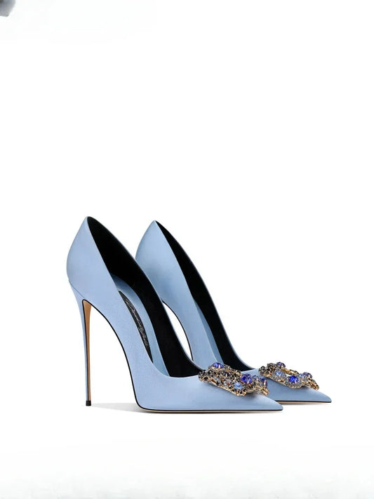 2026 Spring and Autumn New Women's Blue High Heels Pointed Thin Heel Rhinestone Square Buckle Dress Fashion Women's Shoes