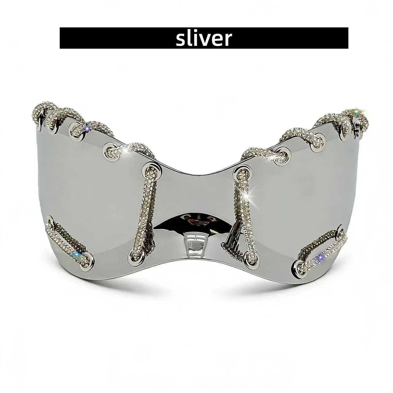 Women's Exaggerated Oversized One-Piece Rhinestone Chain Sunglasses Y2K Retro Futuristic Fashion Silver Goggles Shades for Party