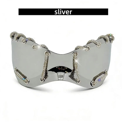 Women's Exaggerated Oversized One-Piece Rhinestone Chain Sunglasses Y2K Retro Futuristic Fashion Silver Goggles Shades for Party