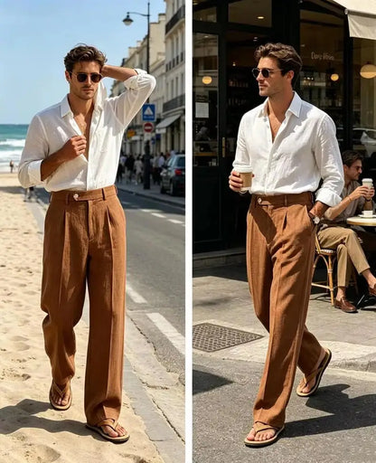 Men's Linen Summer Beach Trousers Casual Dress Pants Elastic Waist Pleated Loose Fit Lightweight Yoga Vacation Lounge Pants