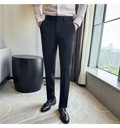 Autumn Winter Thicken Elastic Waist Casual Suit Pants High Quality Men Woven Dark Striped Slim Fit Office Social Dress Trousers