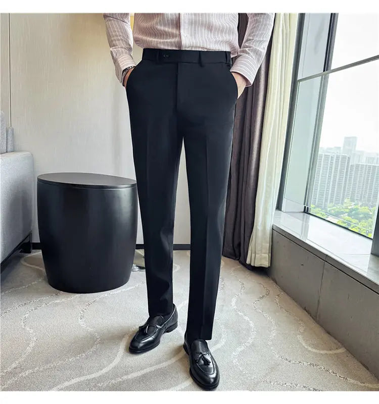 High Quality Pinstripe Slim Fit Suit Pant Men Stretchable Elastic Waist Slim Fit Business Social Wedding Party Casual Trousers
