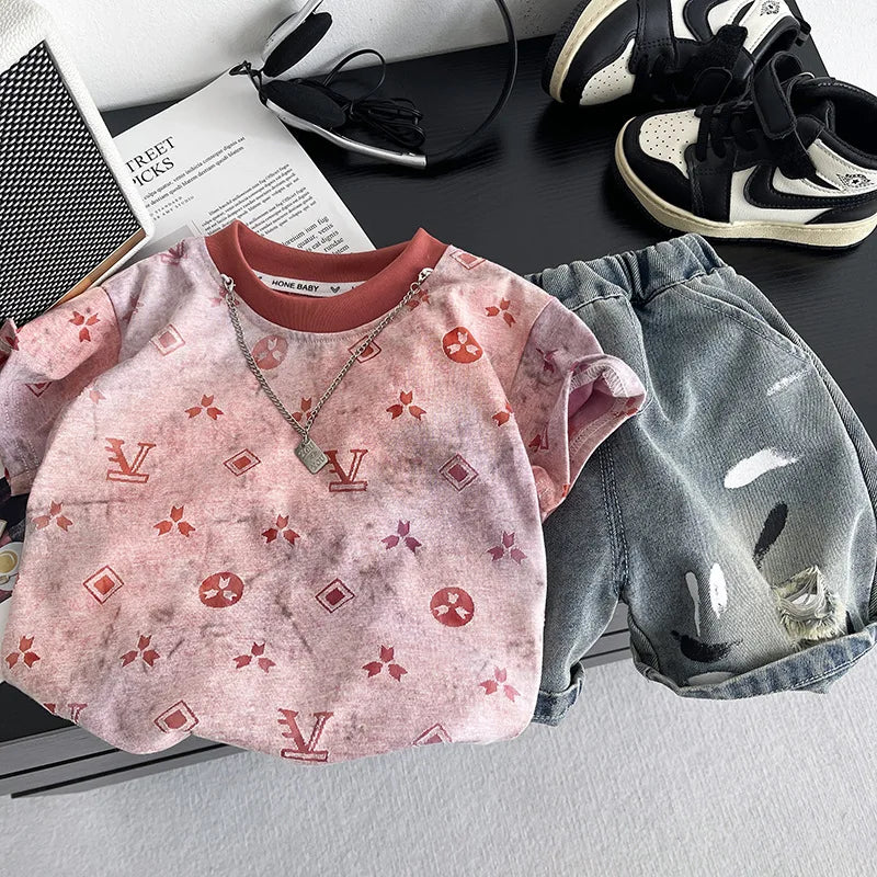 New Summer Suits for Baby Clothing Kids Various Graphic Prints Tshirt + Ripped Jeans 2pcs/sets Toddler Boy Fashion Clothing