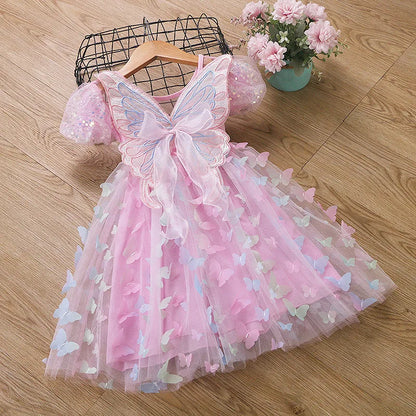 Baby Girls Butterfly Wings Fairy Gauze Princess Puff Sleeve Dress Lovely Kids Summer Tulle Dress Child Birthday Party Gown Dress