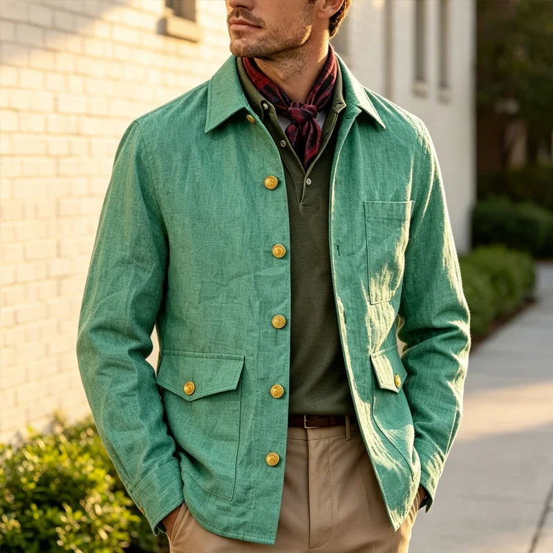 Vintage Men's Linen Jacket Lapel Collar Gold Button Casual Slim Fit Coat Lightweight Breathable for Formal Daily Office Wear