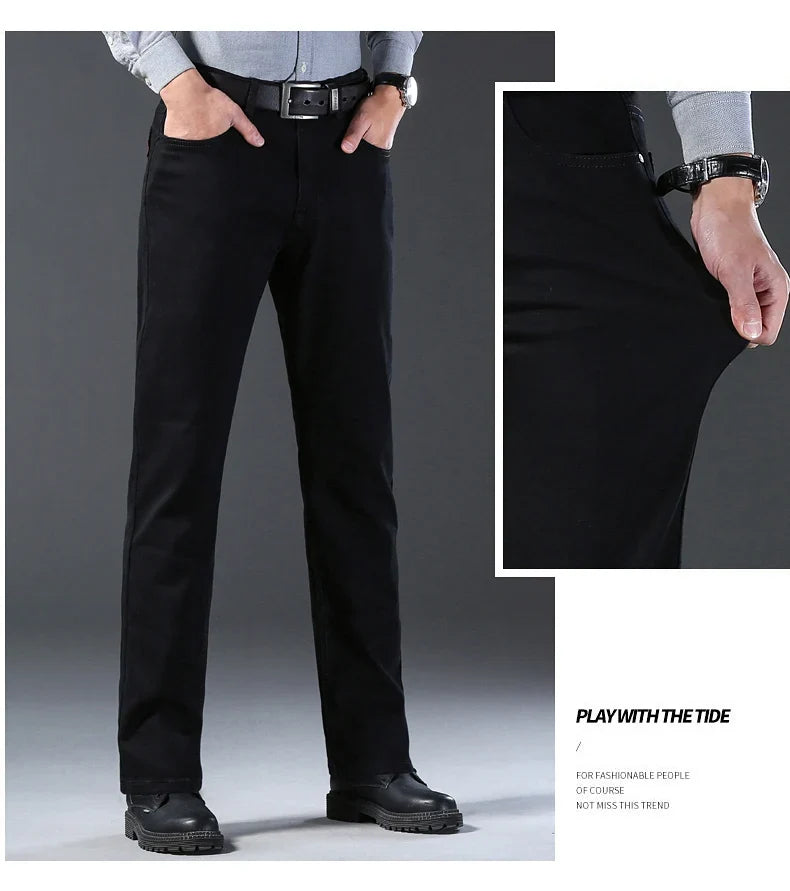Men Classic Advanced Fashion Brand Pure Black Jeans Man Soft Breathe Stretch Slim Straight Denim Trousers Mens Pants Overalls