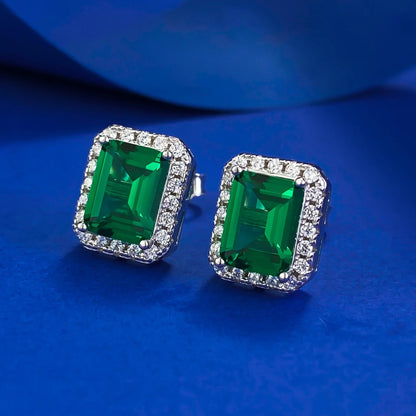 100% 925 Sterling Silver 6*8mm Synthetic Emerald Stud Earrings For Women Sparkling Wedding Party Fine Jewelry Wholesale